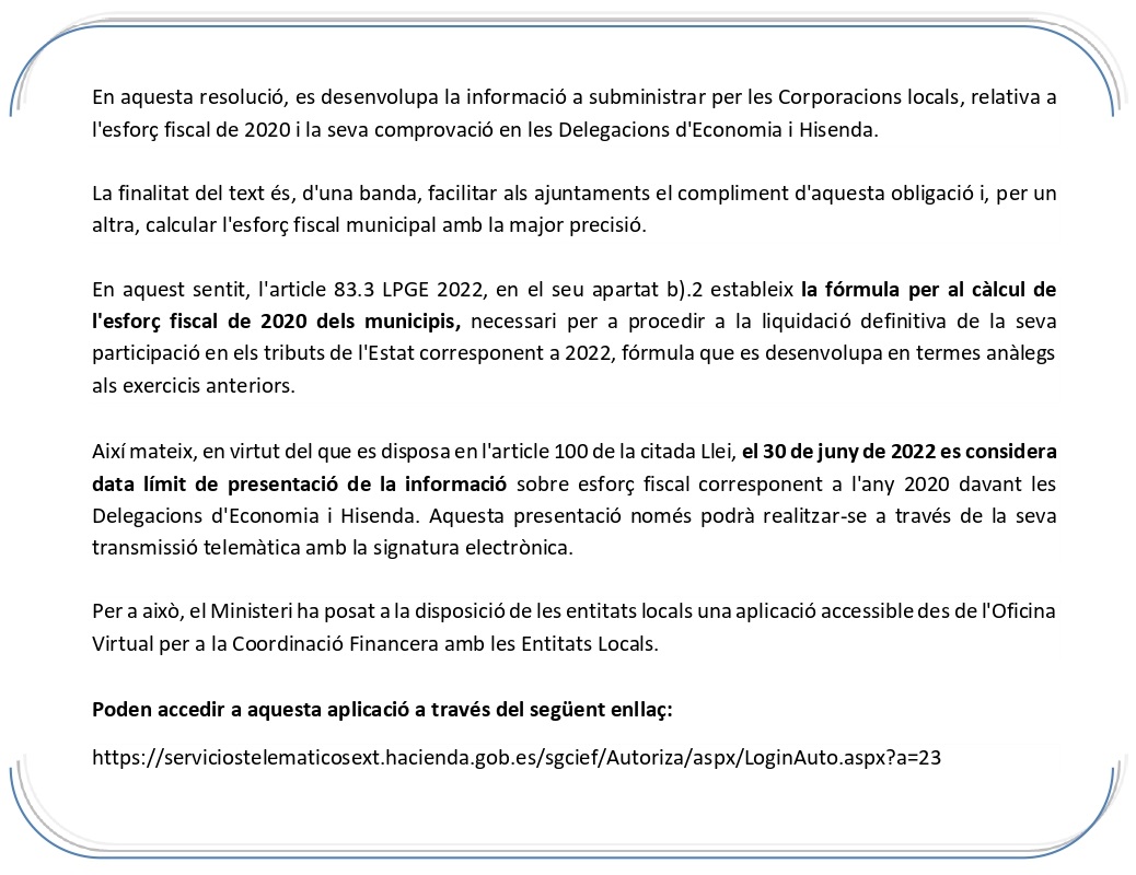 Informació a subministrar relativa a l’esforç fiscal de 2020