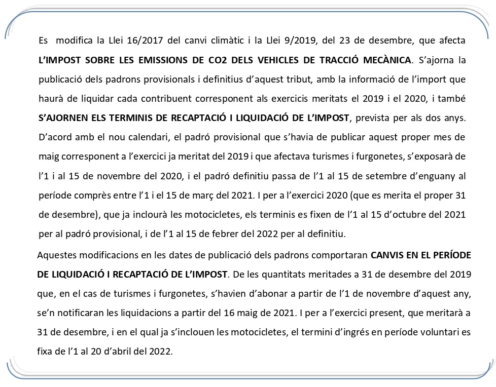 NOU CALENDARI DE PUBLICACIÓ DEL PADRÓ PROVISIONAL I DEFINITIU DE L’IMPOST DEL CO2.